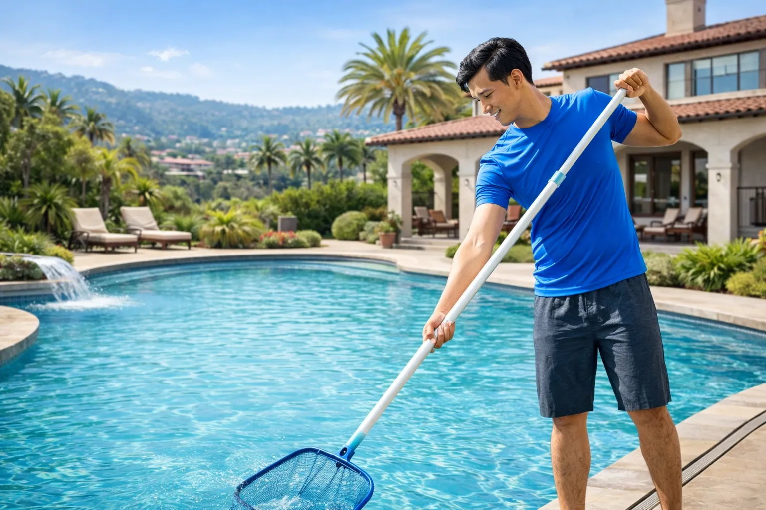 Professional pool technician servicing a pool