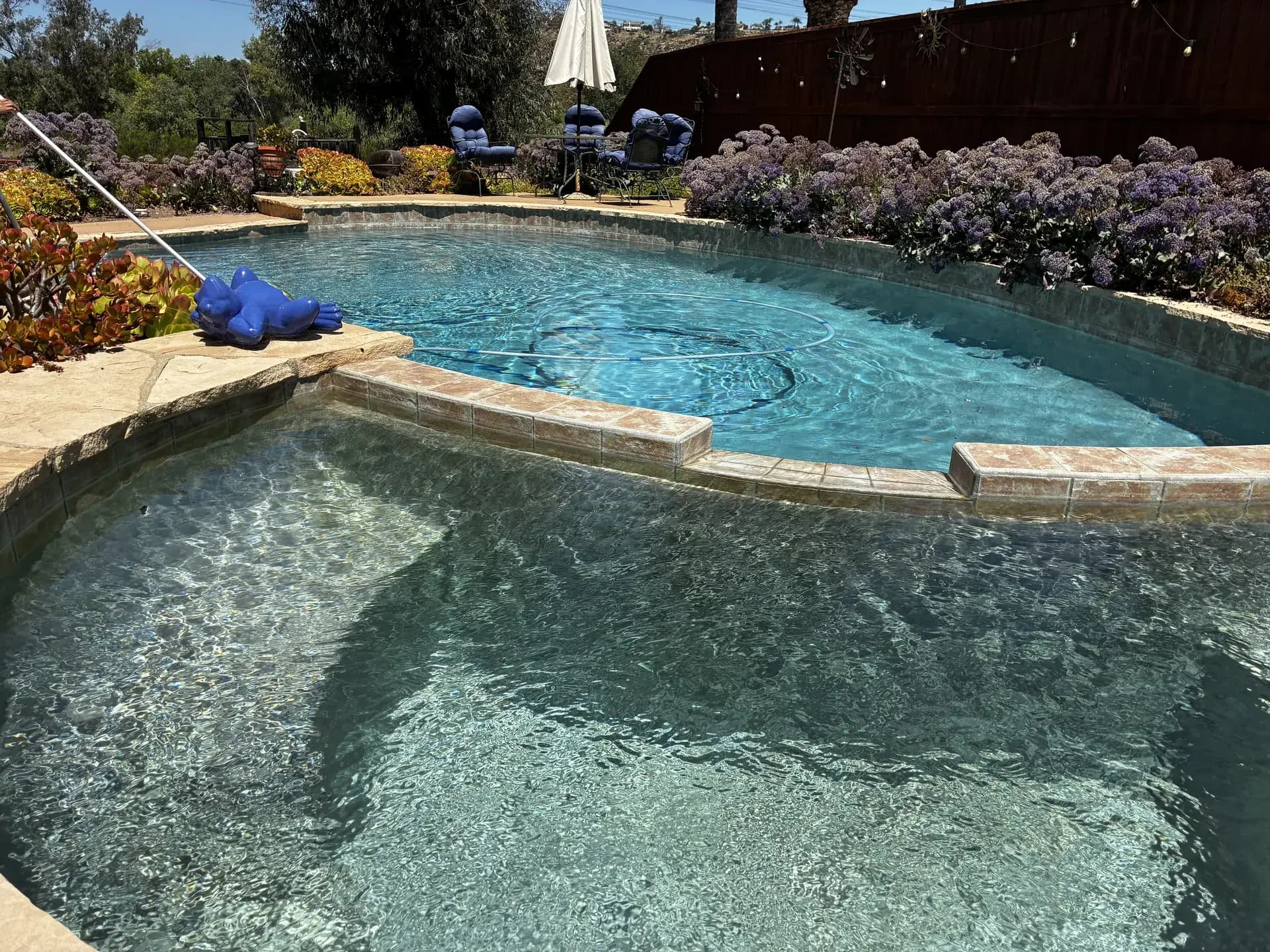 Close-up of a Murdock Pool Service skimmer at a clear residential pool in San Diego, CA