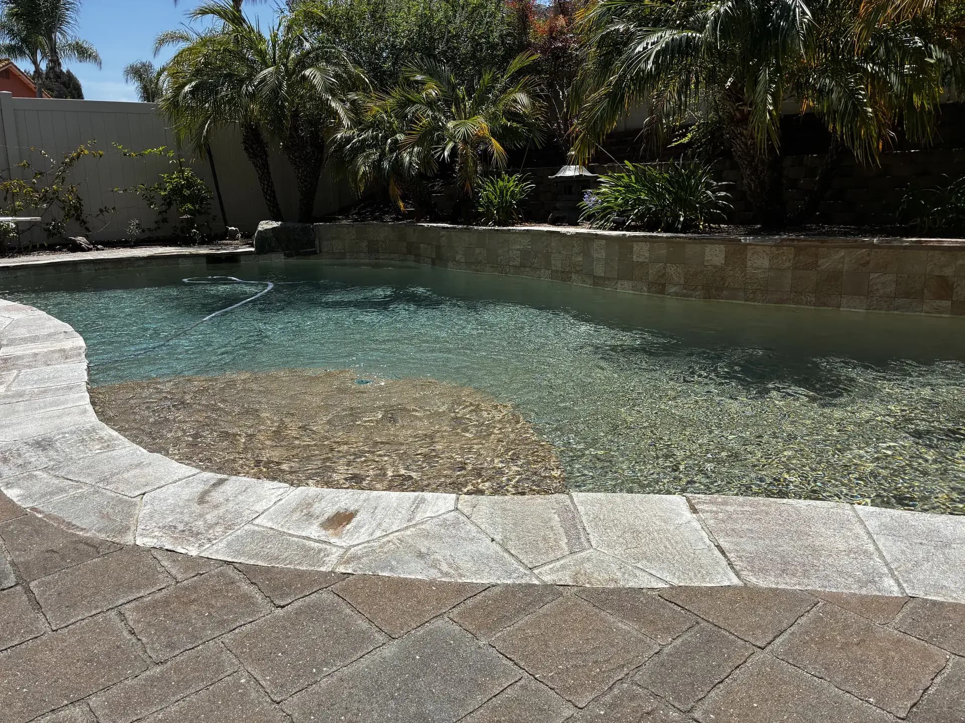 Sparkling clean San Diego customer pool with stone deck after Murdock Pool Service green pool recovery