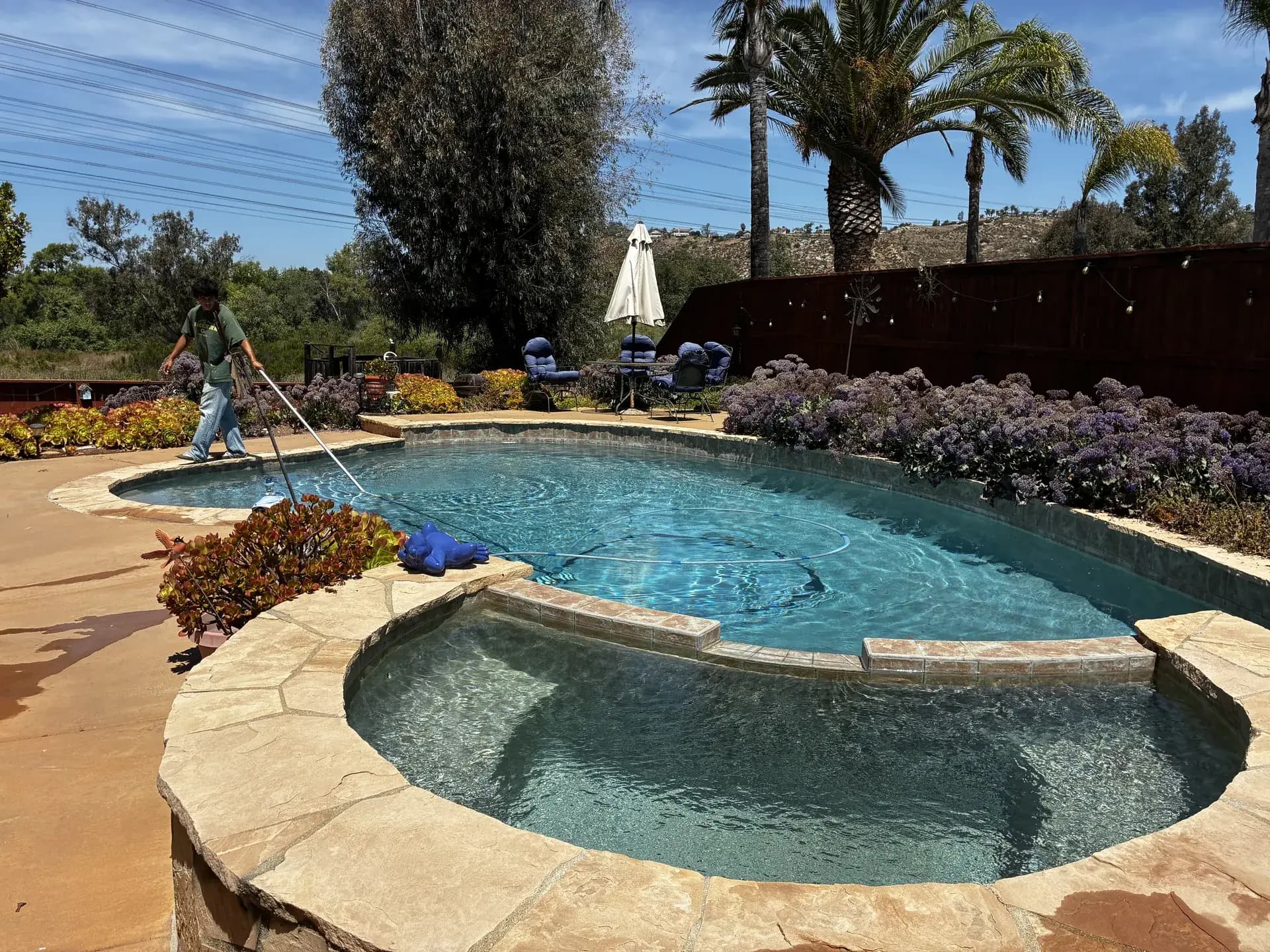 Murdock Pool Service technician skimming the surface of a Chula Vista residential pool framed by mature palms